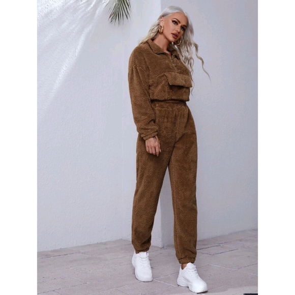 Drop shoulder half zipper placket teddy pullover & pants set ☕ - Picture 6 of 7